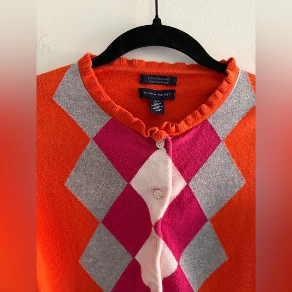 Tommy Hilfiger Argyle Cotton Cashmere Cardigan Small Orange Pink Preppy - Picture 2 of 6